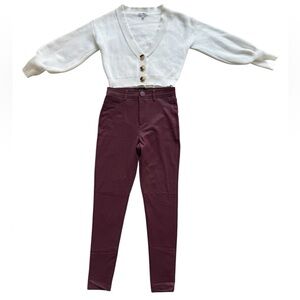 Back 2 School Set White Cardigan and Leather Burgundy Pants Sz XS